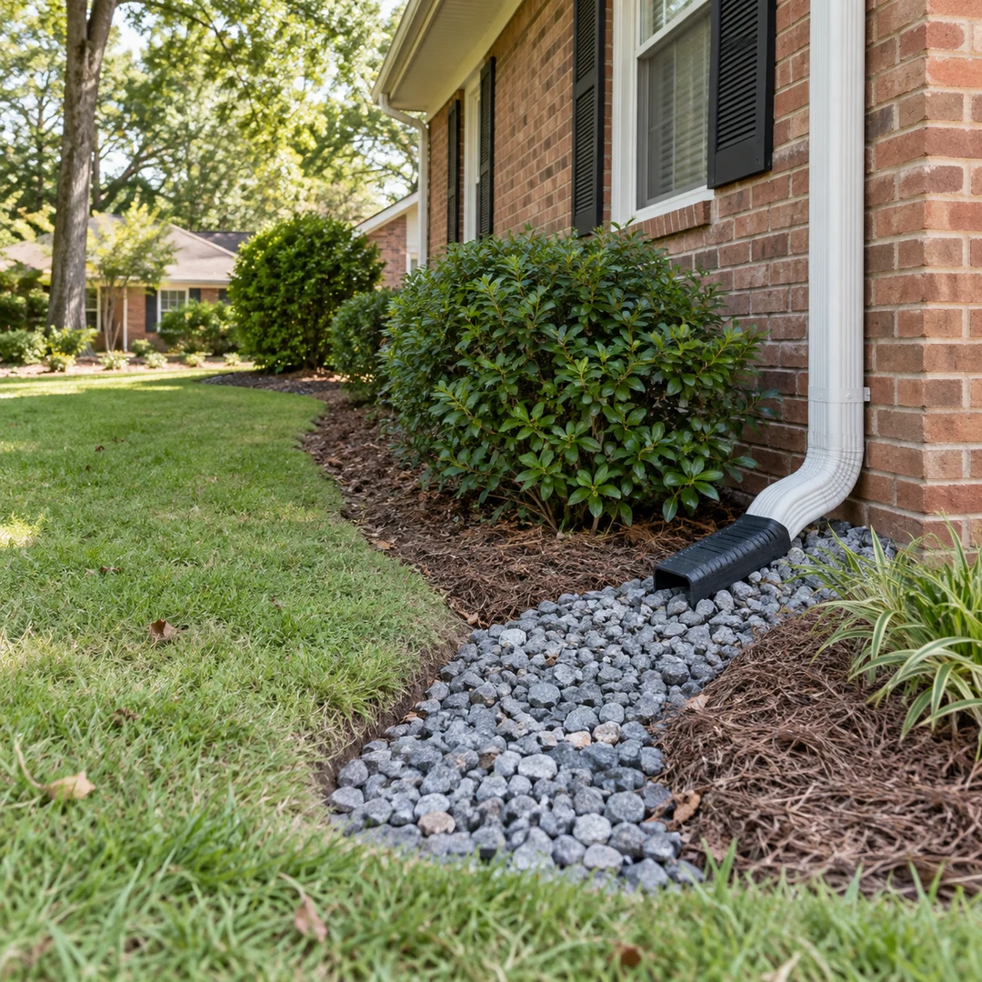 Downspout draining to a bed of stone