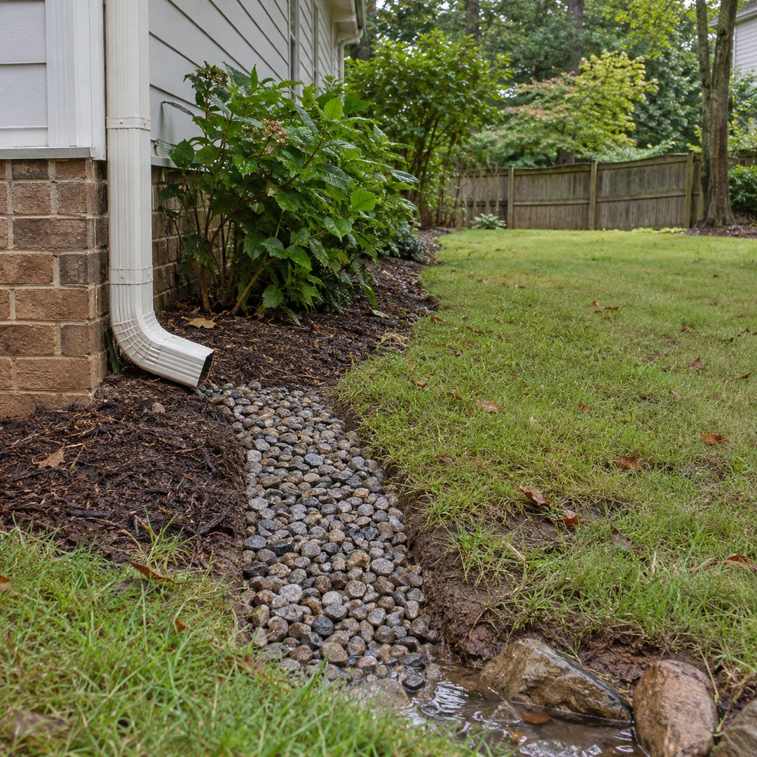 Water moving through a stone channel from a house