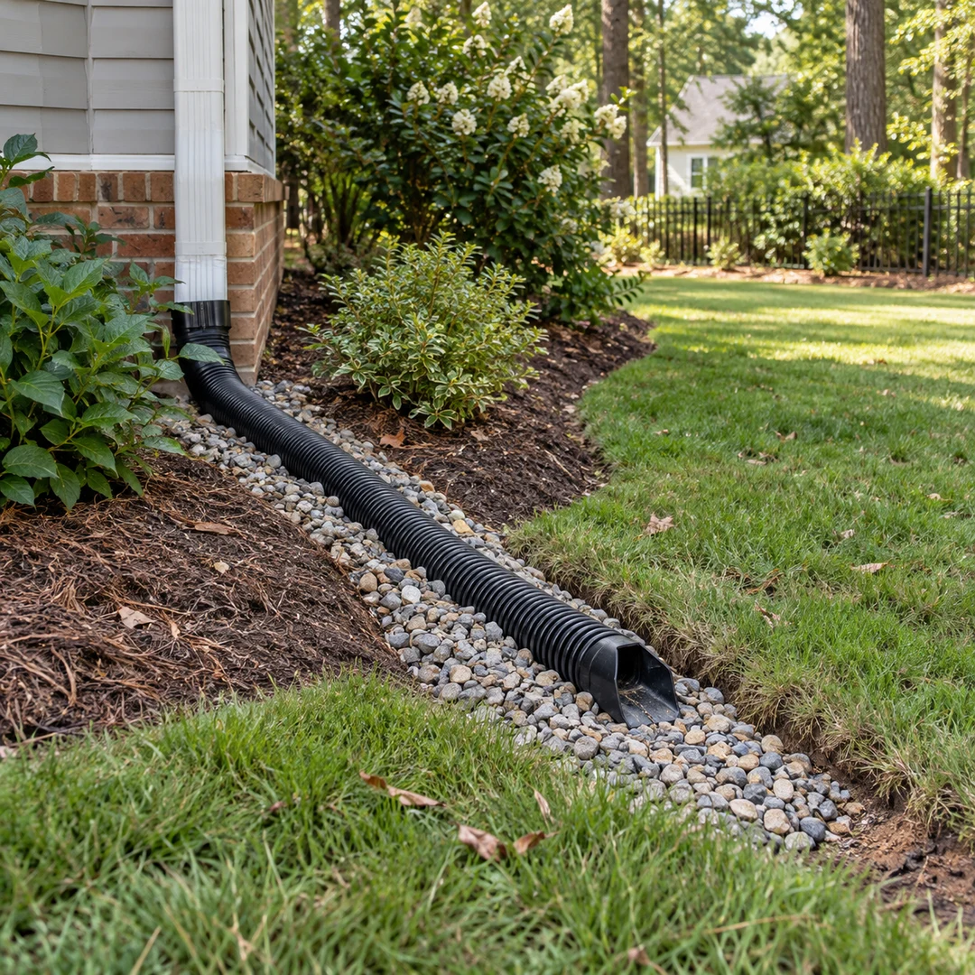 Downspout pipe ending in a stone drainage area