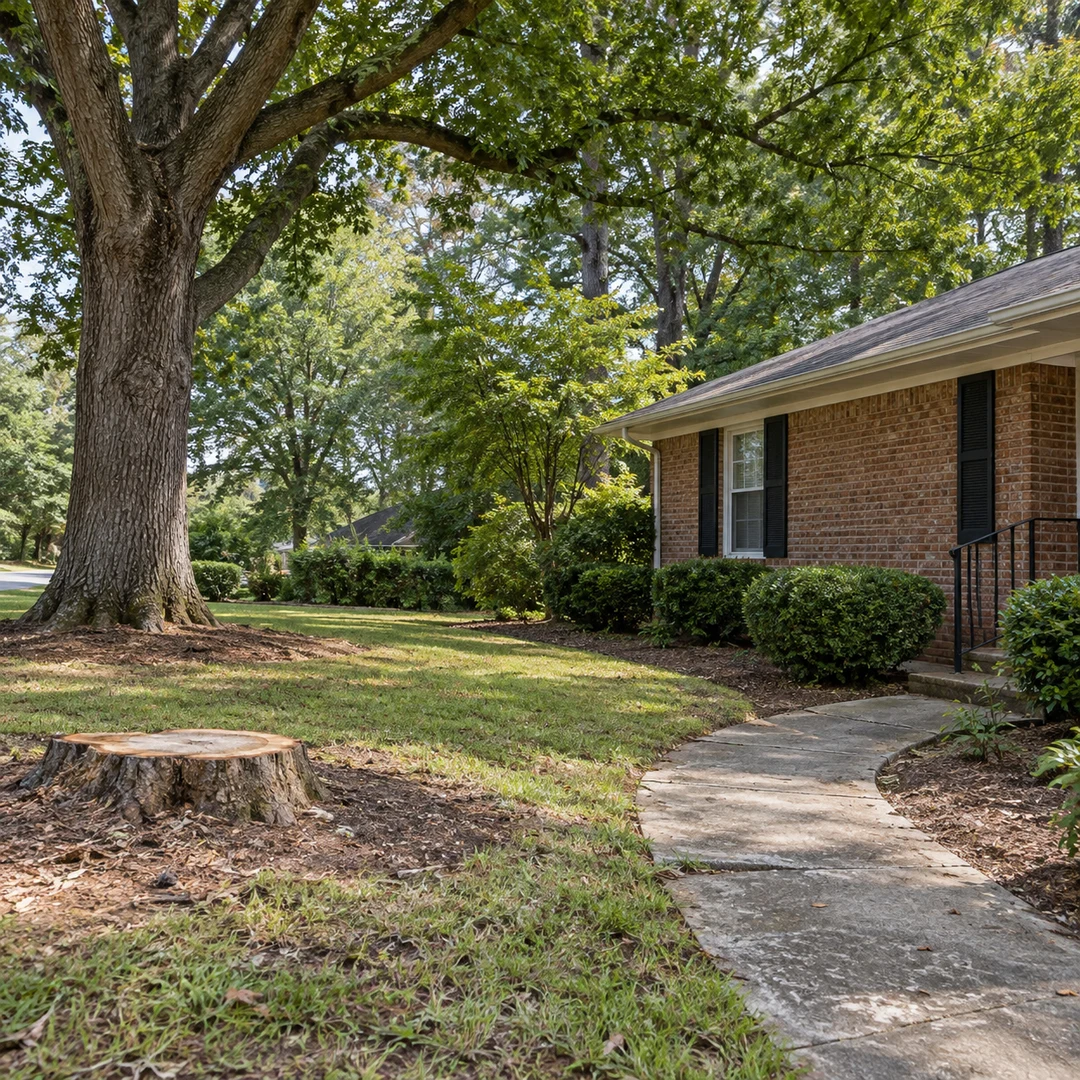 Tree and stump beside a brick residential home