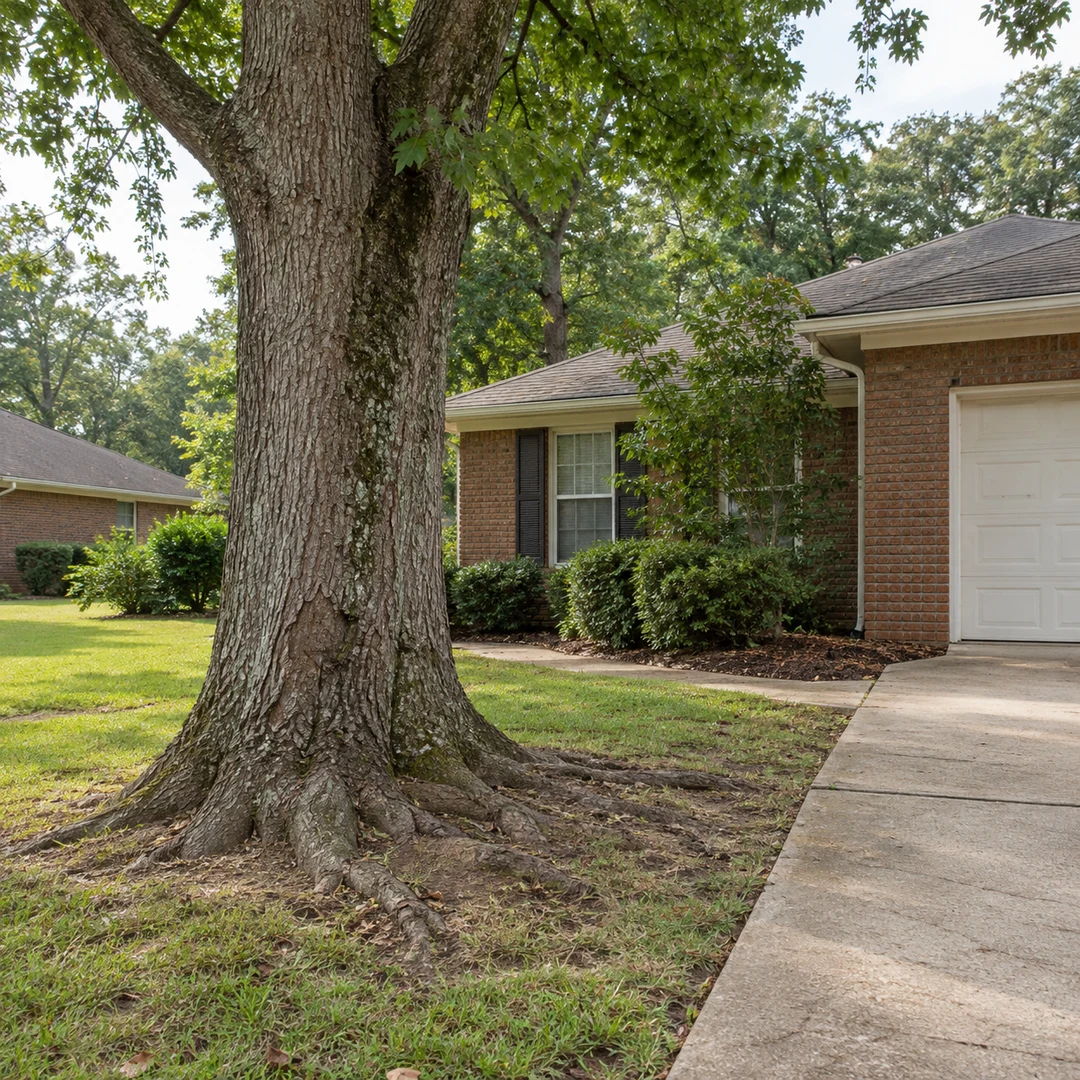 Mature shade tree beside a concrete walkway