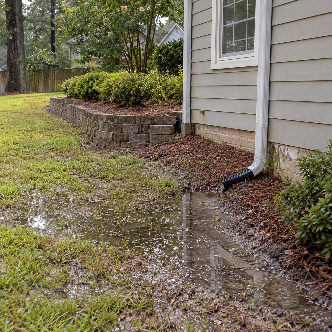 Pooled water beside a house downspout