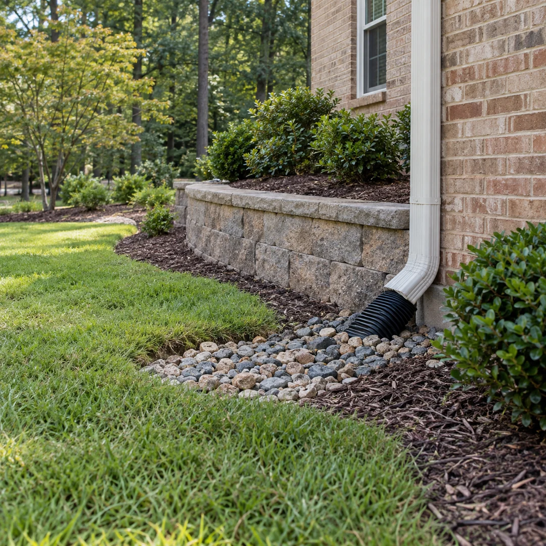 Downspout outlet in a stone drainage bed