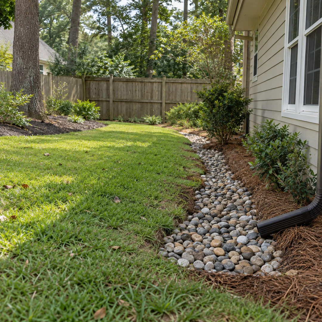 Rock lined drainage swale beside a home
