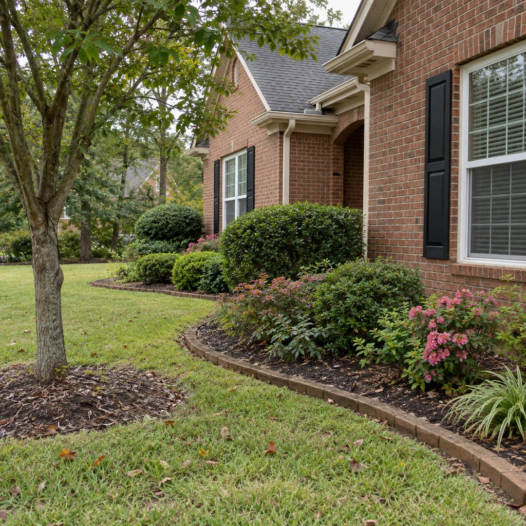 Ordinary established flower beds beside a modest residential brick home with natural mixed grass
