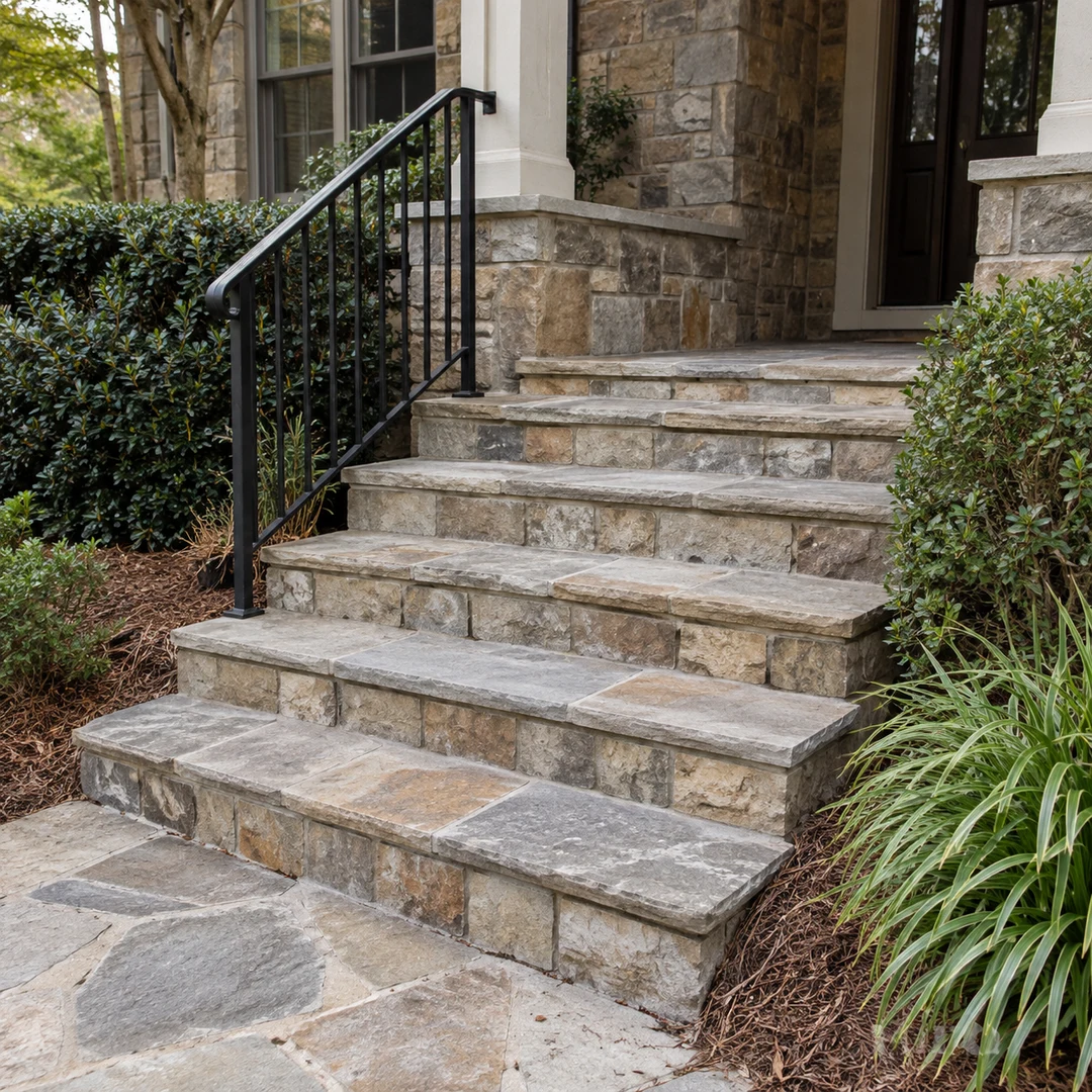 Simple residential stone steps with credible tread heights, joints and natural weathering