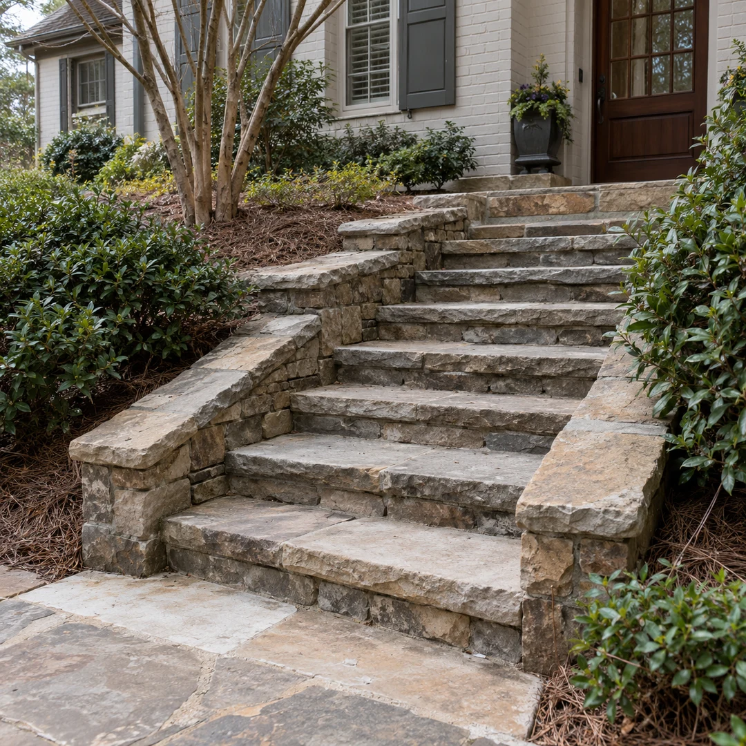 Simple residential stone steps with credible tread heights, joints and natural weathering