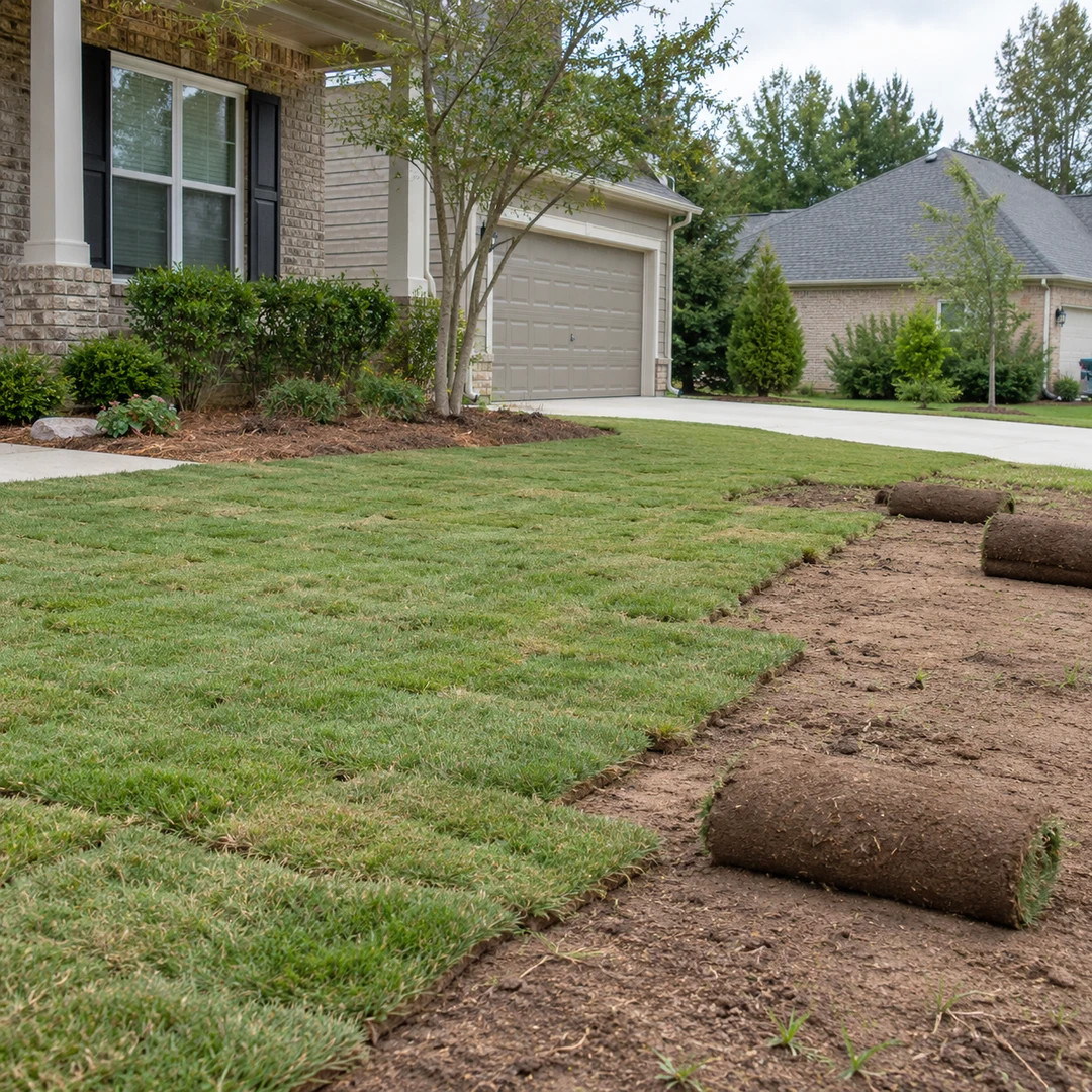 Fresh sod partly installed beside an ordinary residential lawn with realistic soil seams and a few stationary sod rolls