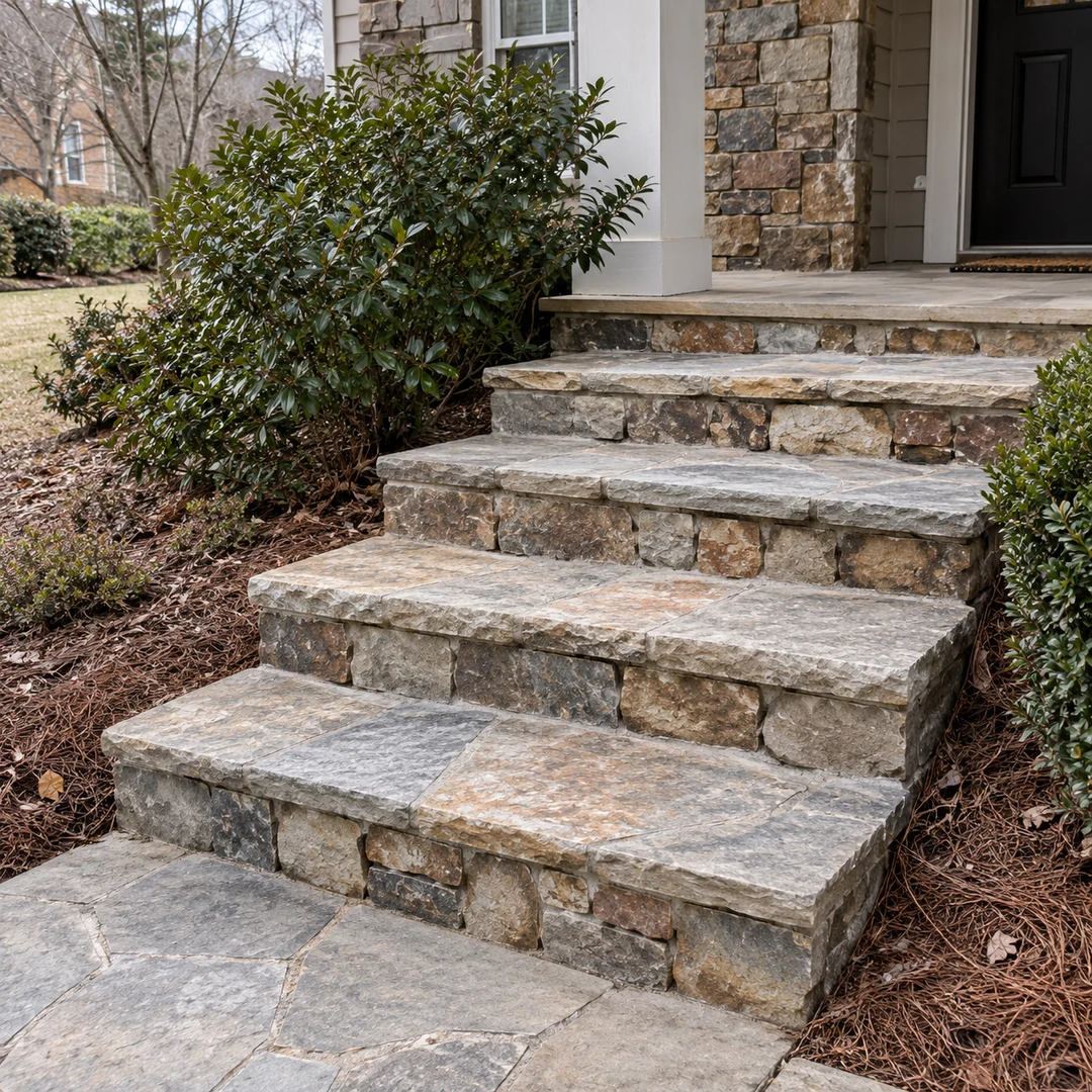 Simple residential stone steps with credible tread heights, joints and natural weathering