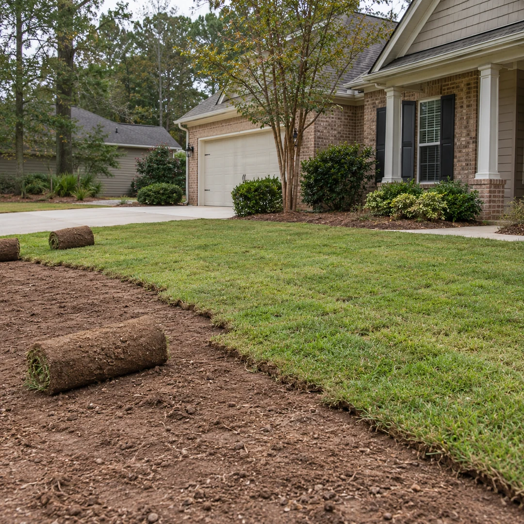 Fresh sod partly installed beside an ordinary residential lawn with realistic soil seams and a few stationary sod rolls