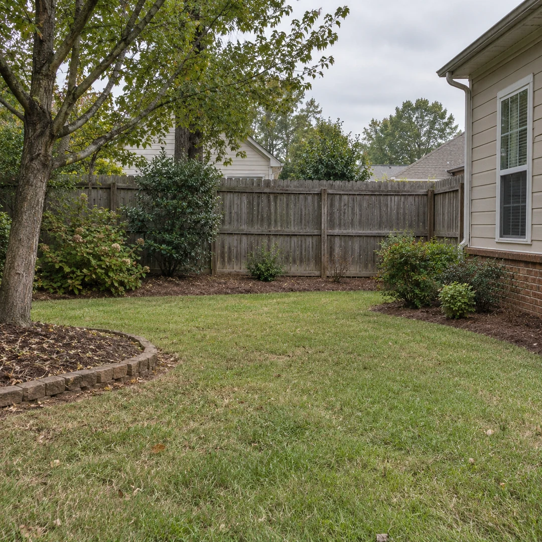 An ordinary residential backyard with practical lawn, modest shrubs and a weathered wooden fence