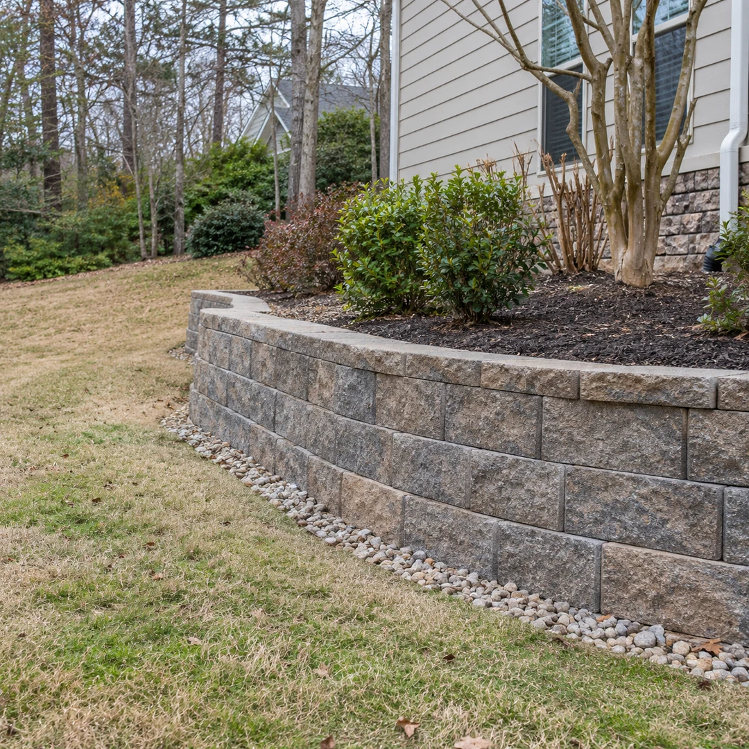 A modest residential retaining wall with realistic level courses, drainage gravel and practical materials