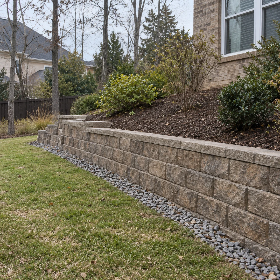 A modest residential retaining wall with realistic level courses, drainage gravel and practical materials