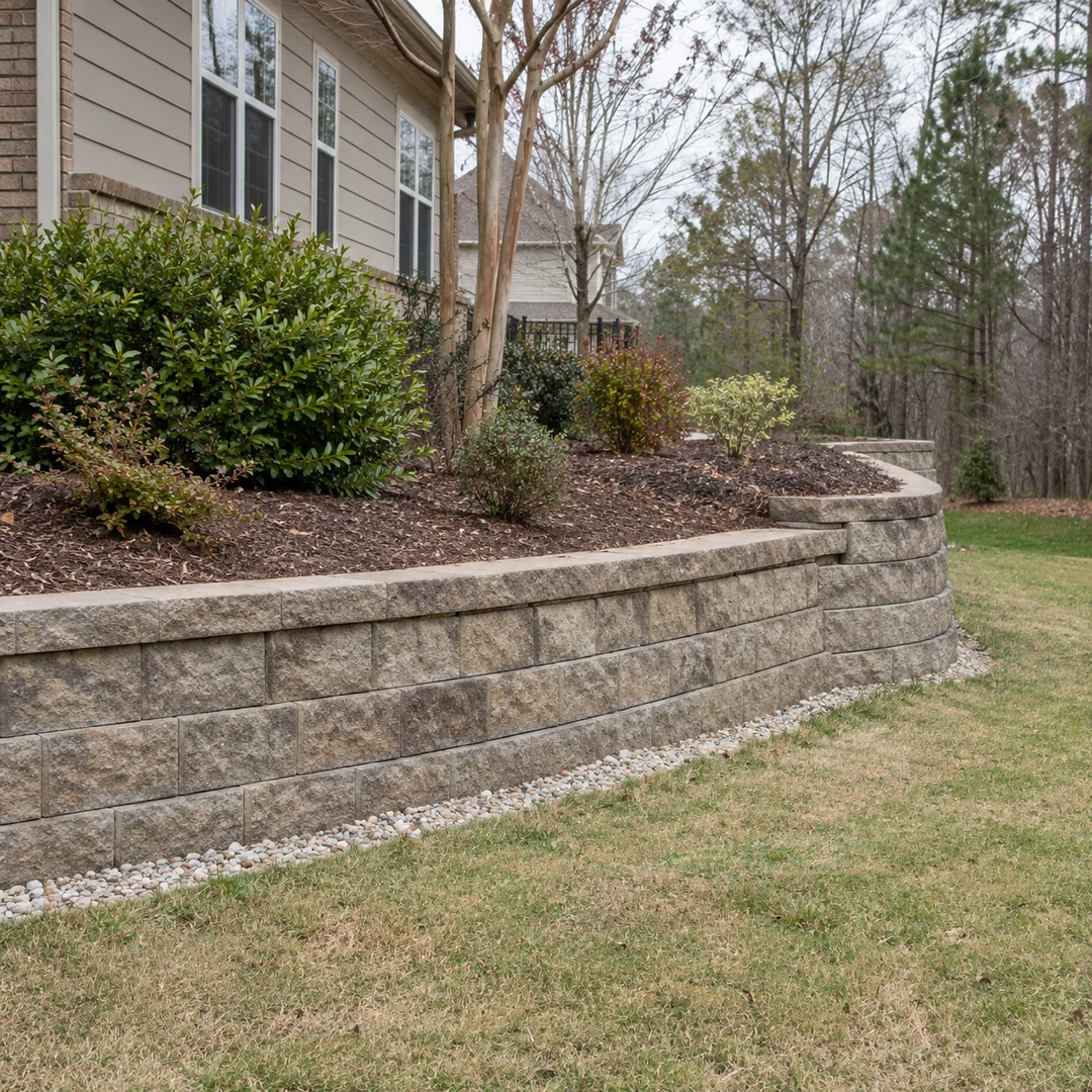 A modest residential retaining wall with realistic level courses, drainage gravel and practical materials