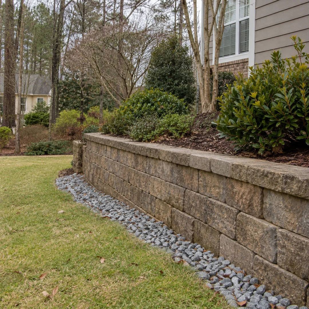 A modest residential retaining wall with realistic level courses, drainage gravel and practical materials
