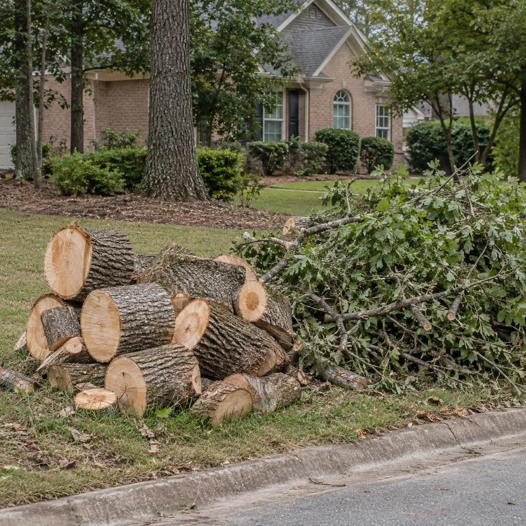 Cut trunk rounds and leafy branches neatly grouped at the edge of an ordinary residential lawn