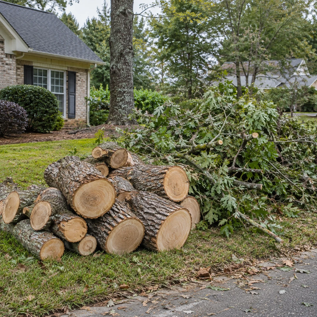 Cut trunk rounds and leafy branches neatly grouped at the edge of an ordinary residential lawn