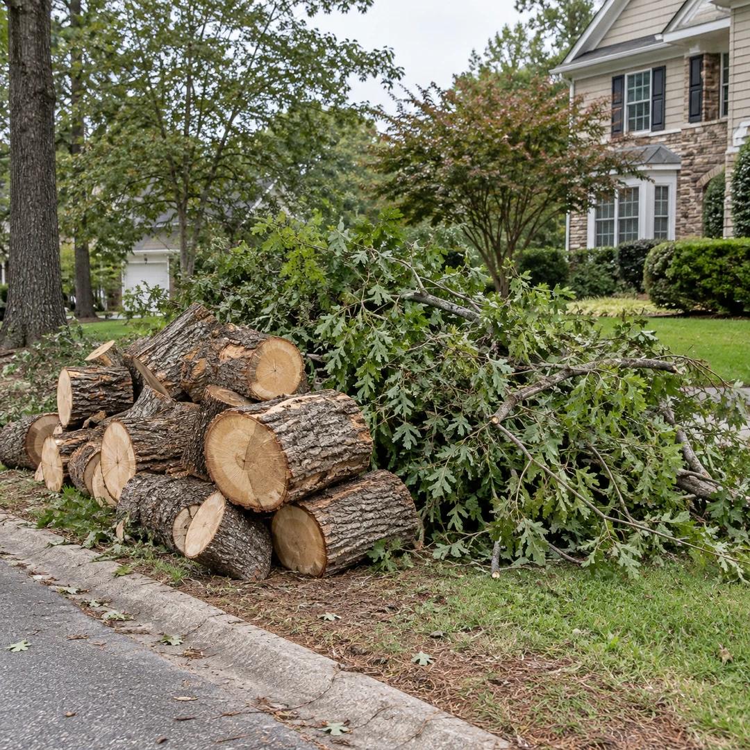 Cut trunk rounds and leafy branches neatly grouped at the edge of an ordinary residential lawn