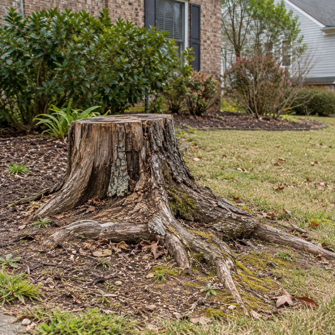 Weathered old stump with exposed natural roots beside a modest residential garden