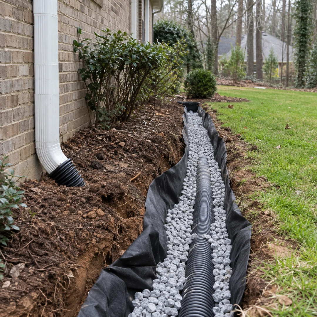 A practical residential drainage detail with realistic gravel, filter fabric, modest drain pipe and natural soil