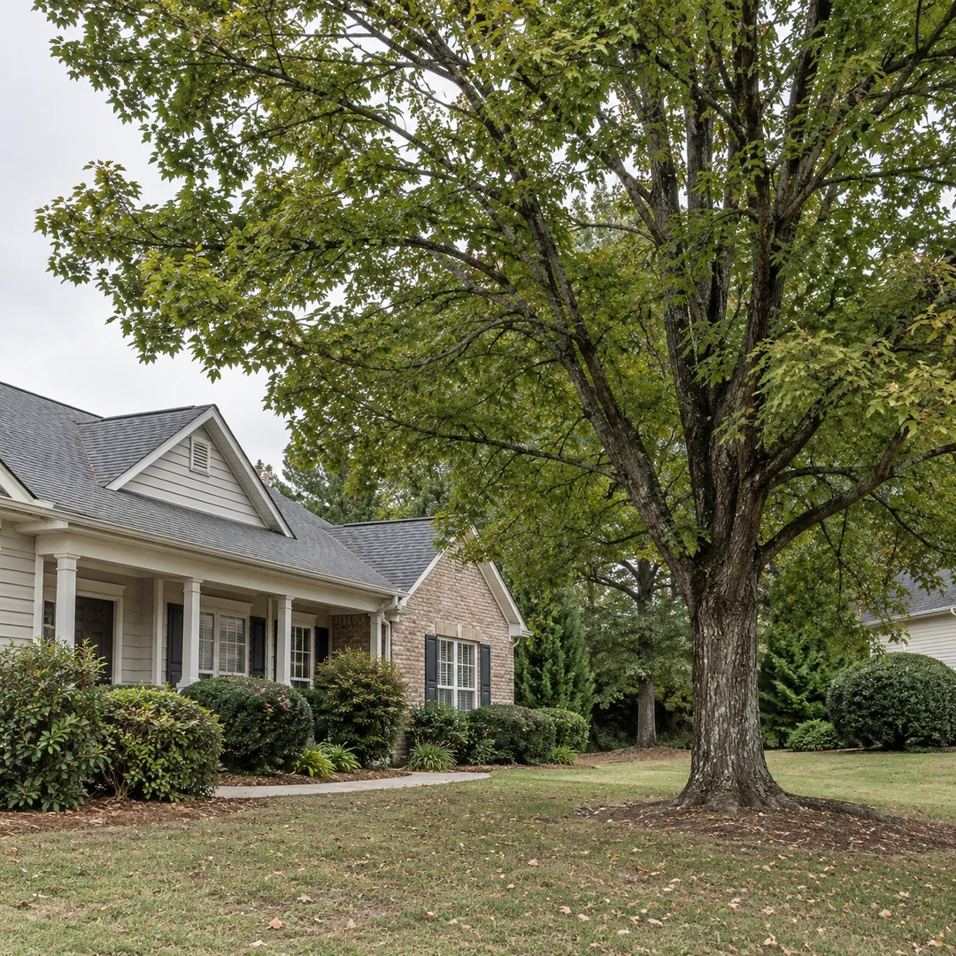 Healthy mature tree beside a modest Georgia residential home