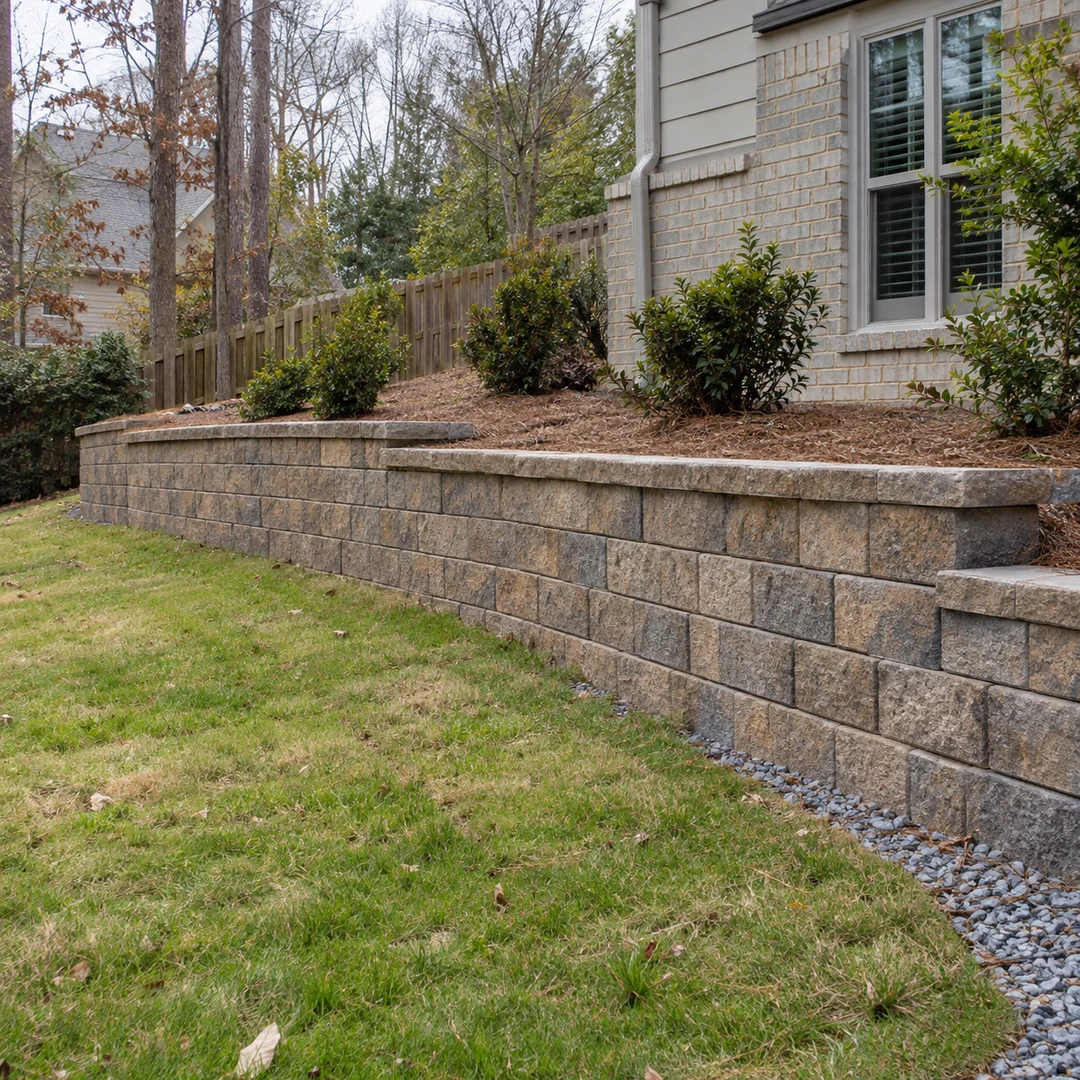 A modest residential retaining wall with realistic level courses, drainage gravel and practical materials