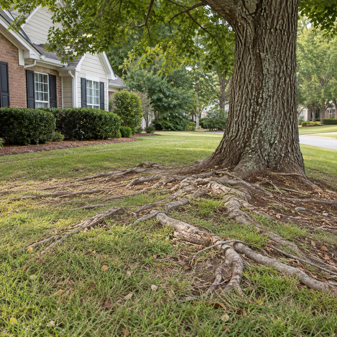Exposed natural surface roots crossing a residential lawn beside a healthy mature tree