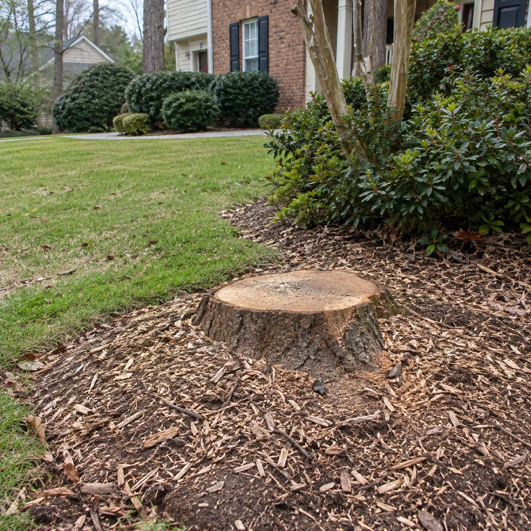 Low stump surrounded by natural wood chips at the edge of an ordinary residential lawn