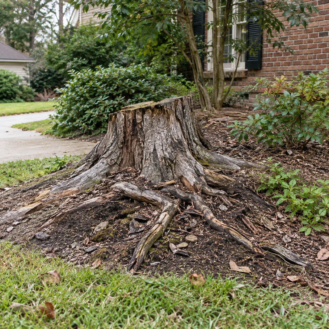 Weathered old stump with exposed natural roots beside a modest residential garden