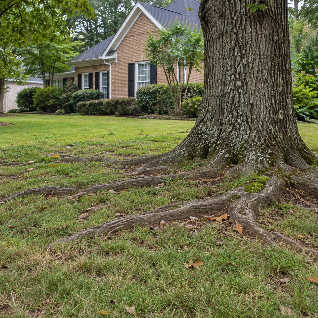 Exposed natural surface roots crossing a residential lawn beside a healthy mature tree