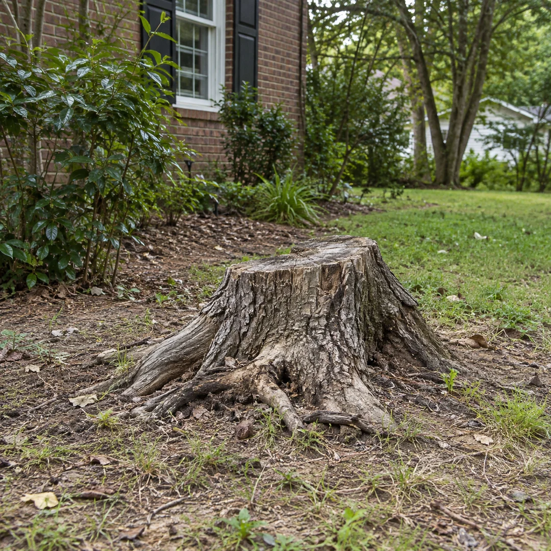 Weathered old stump with exposed natural roots beside a modest residential garden