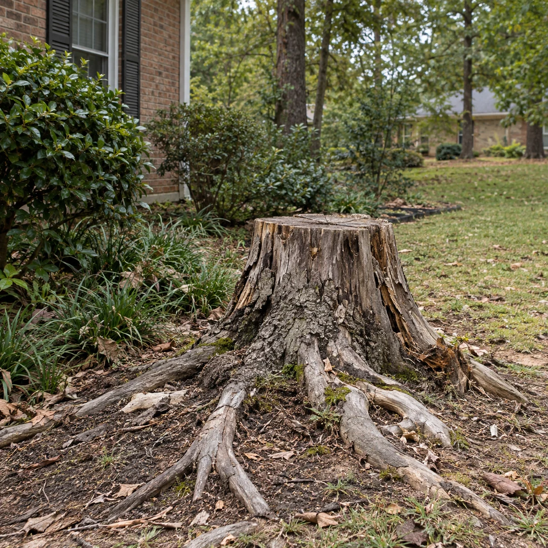Weathered old stump with exposed natural roots beside a modest residential garden