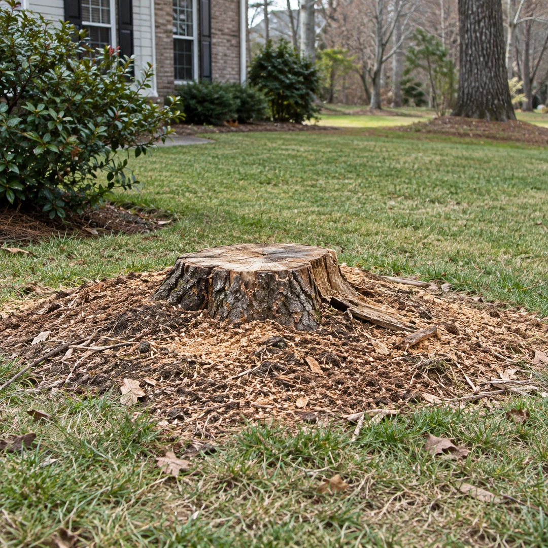 Low stump surrounded by natural wood chips at the edge of an ordinary residential lawn
