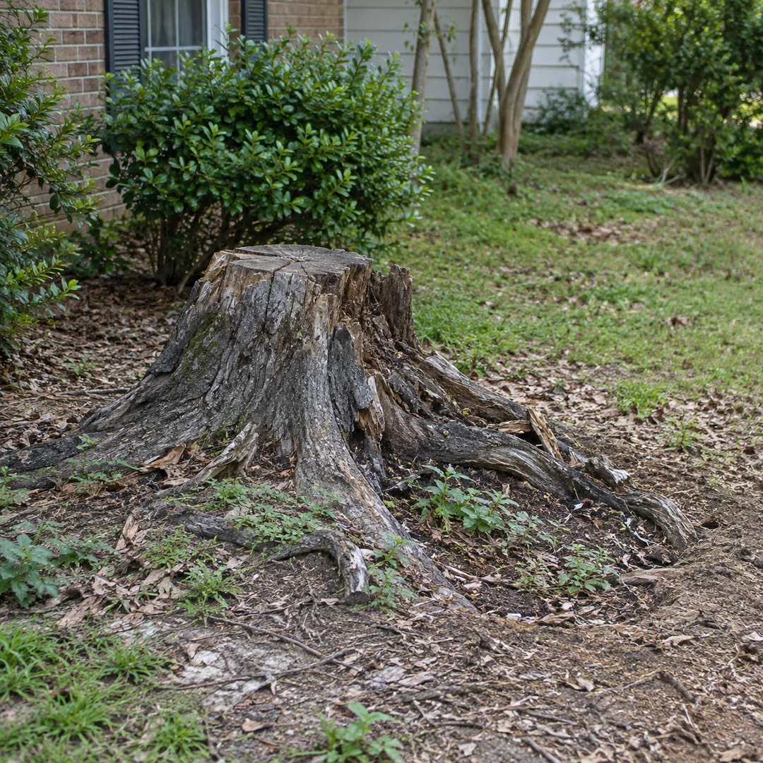 Weathered old stump with exposed natural roots beside a modest residential garden