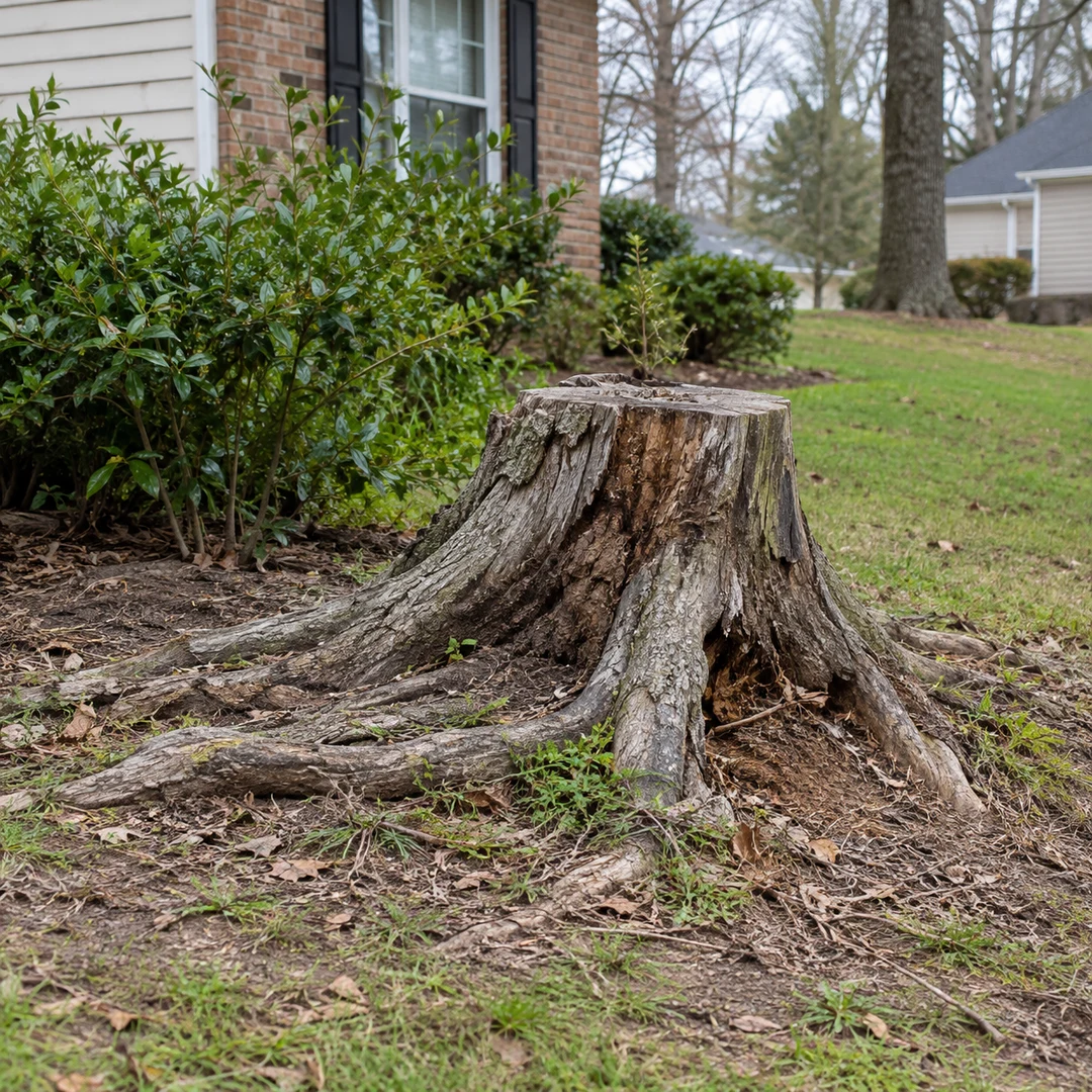 Weathered old stump with exposed natural roots beside a modest residential garden