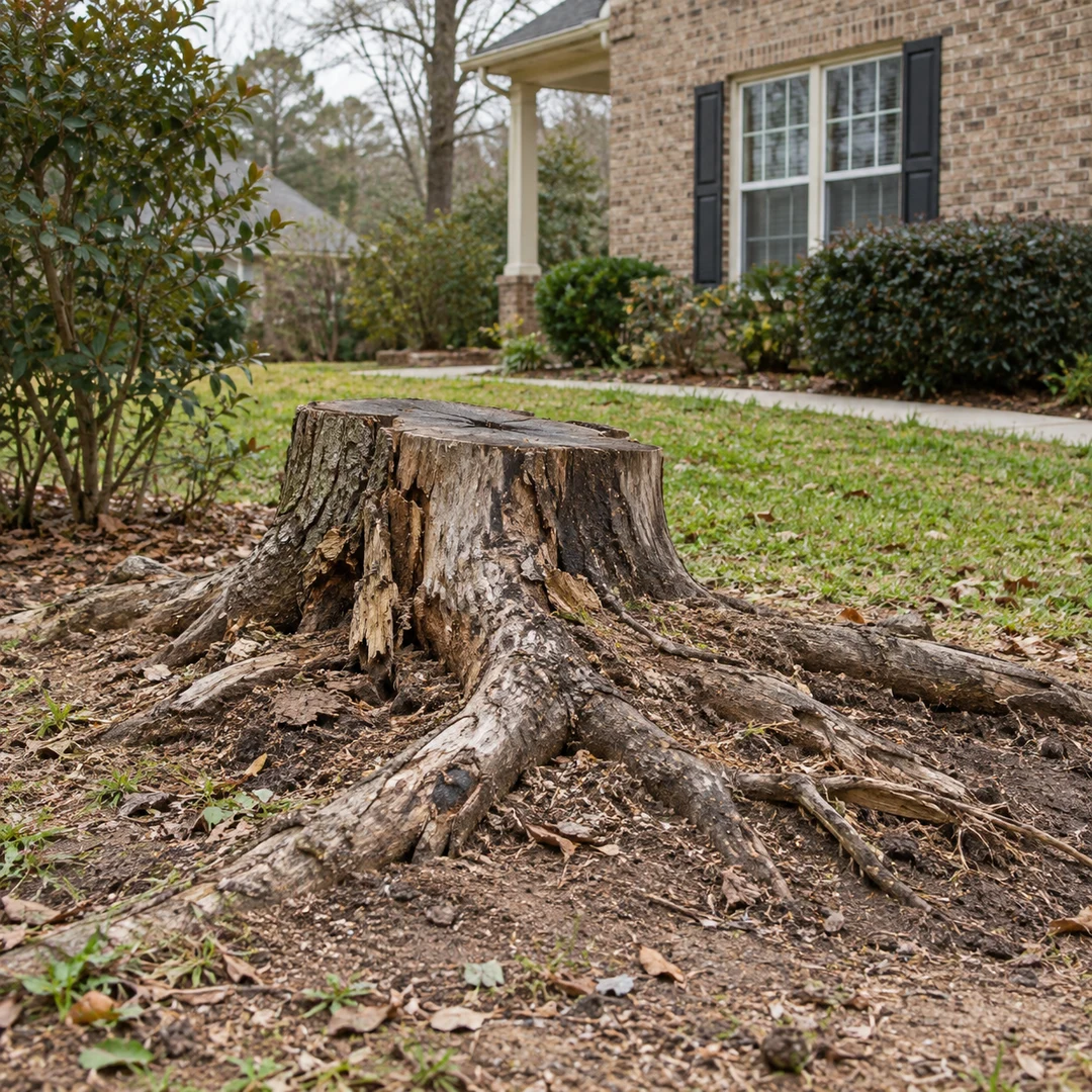 Weathered old stump with exposed natural roots beside a modest residential garden