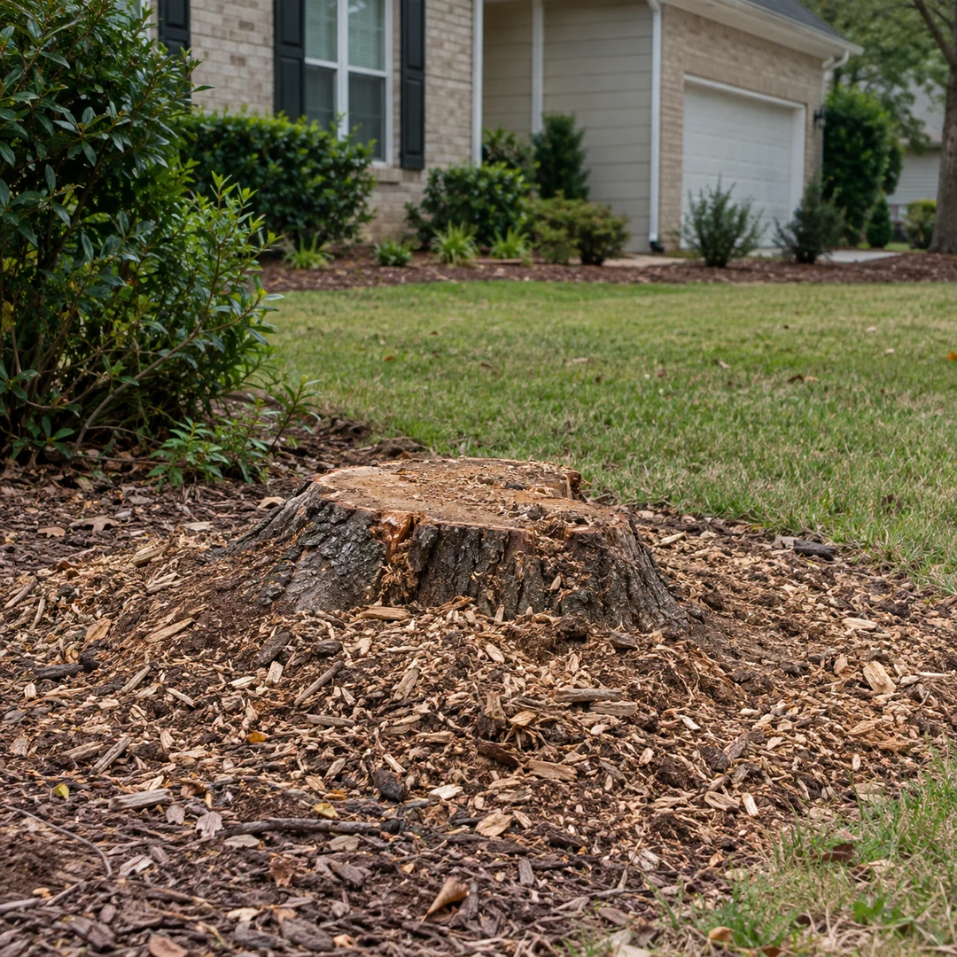 Low stump surrounded by natural wood chips at the edge of an ordinary residential lawn