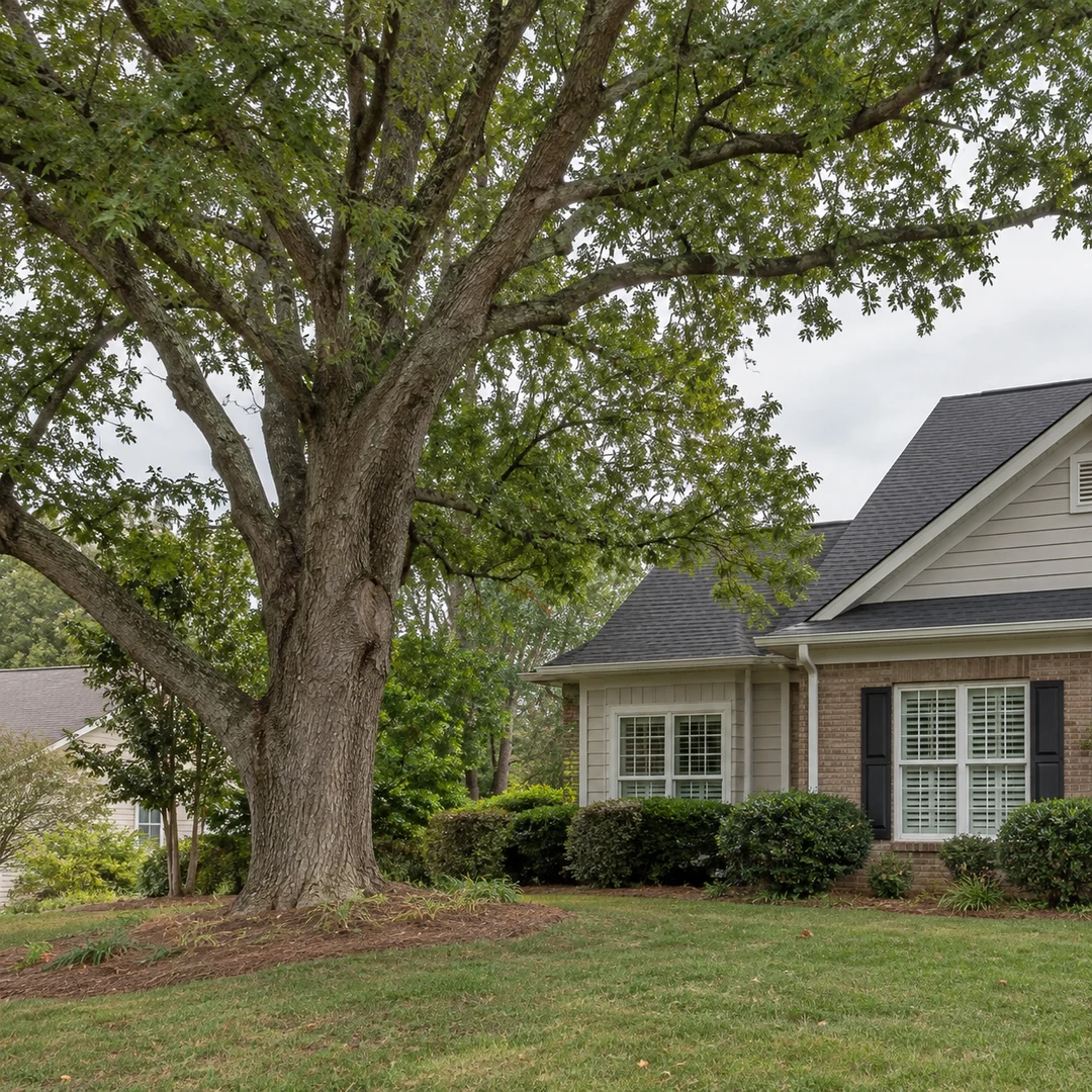 Healthy mature tree beside a modest Georgia residential home