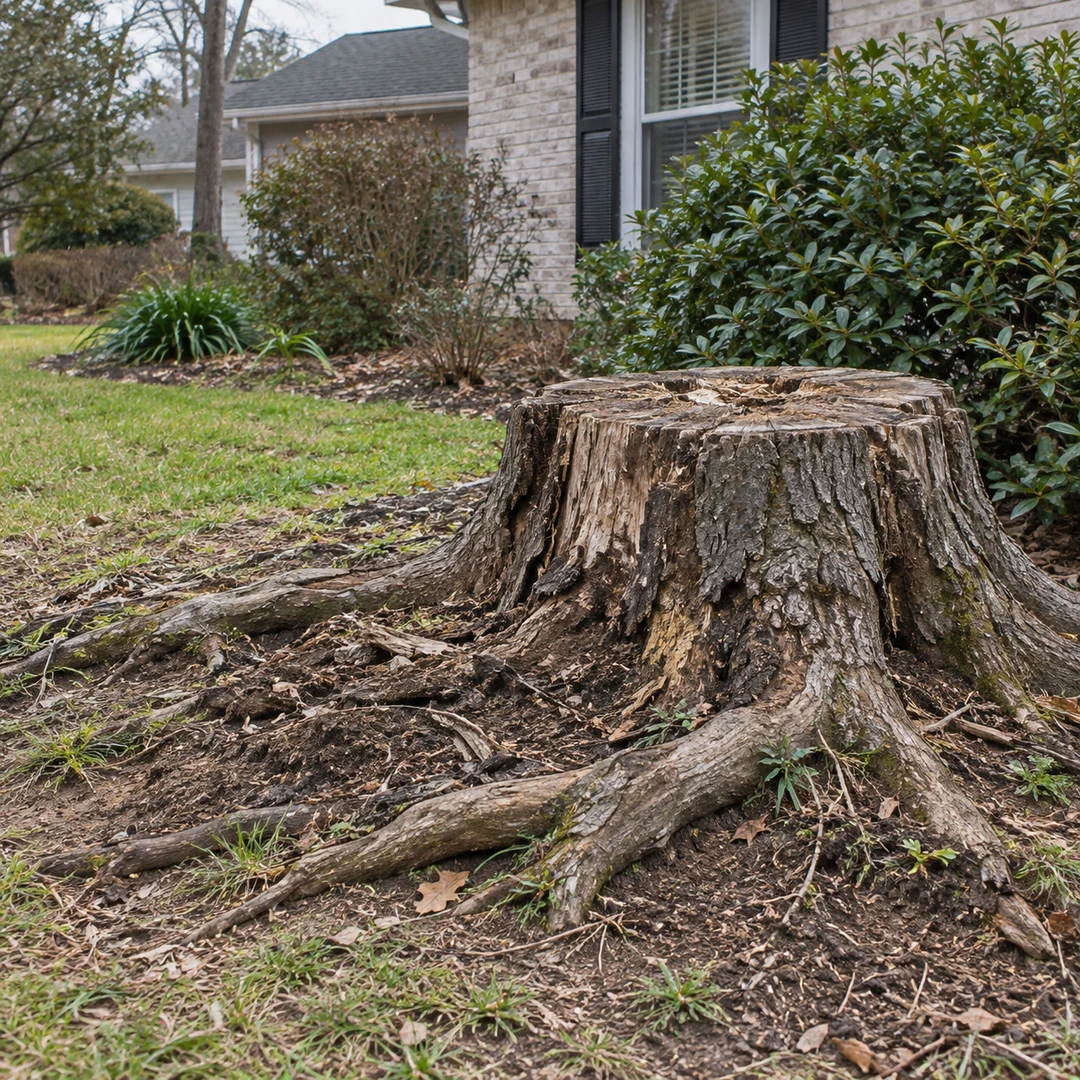 Weathered old stump with exposed natural roots beside a modest residential garden