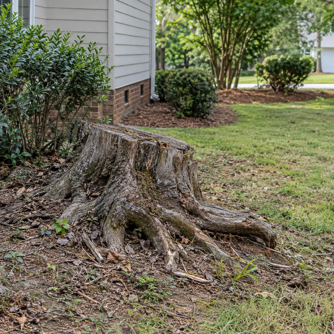 Weathered old stump with exposed natural roots beside a modest residential garden
