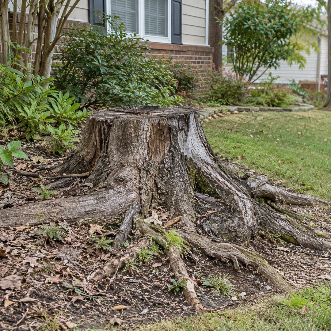 Weathered old stump with exposed natural roots beside a modest residential garden