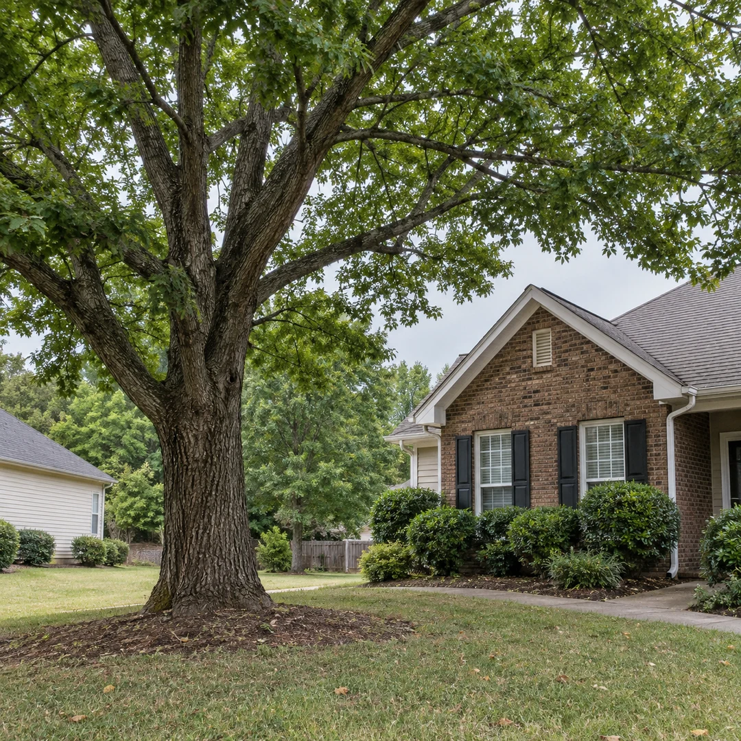 Healthy mature tree beside a modest Georgia residential home