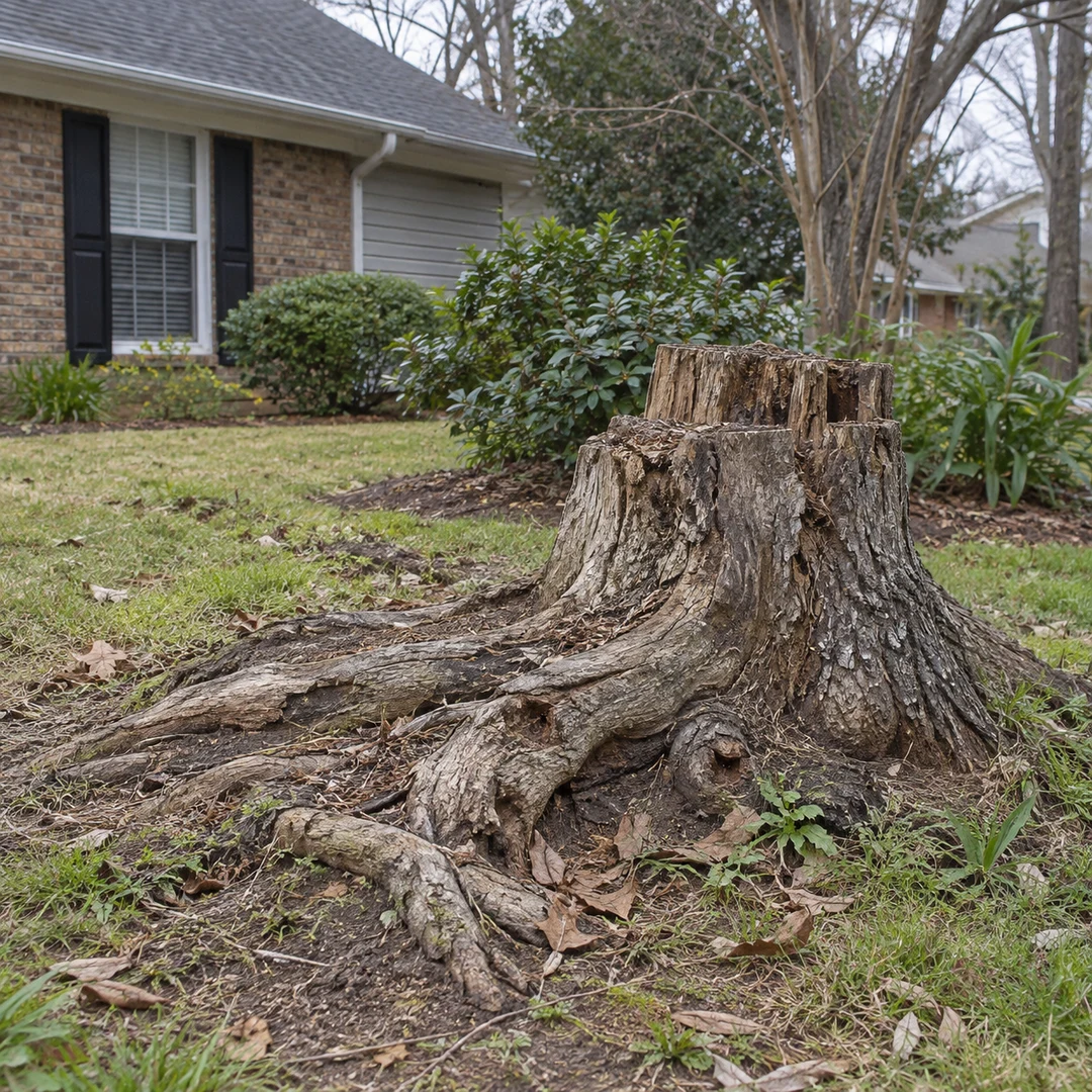 Weathered old stump with exposed natural roots beside a modest residential garden
