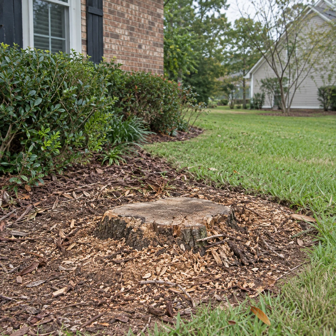 Low stump surrounded by natural wood chips at the edge of an ordinary residential lawn