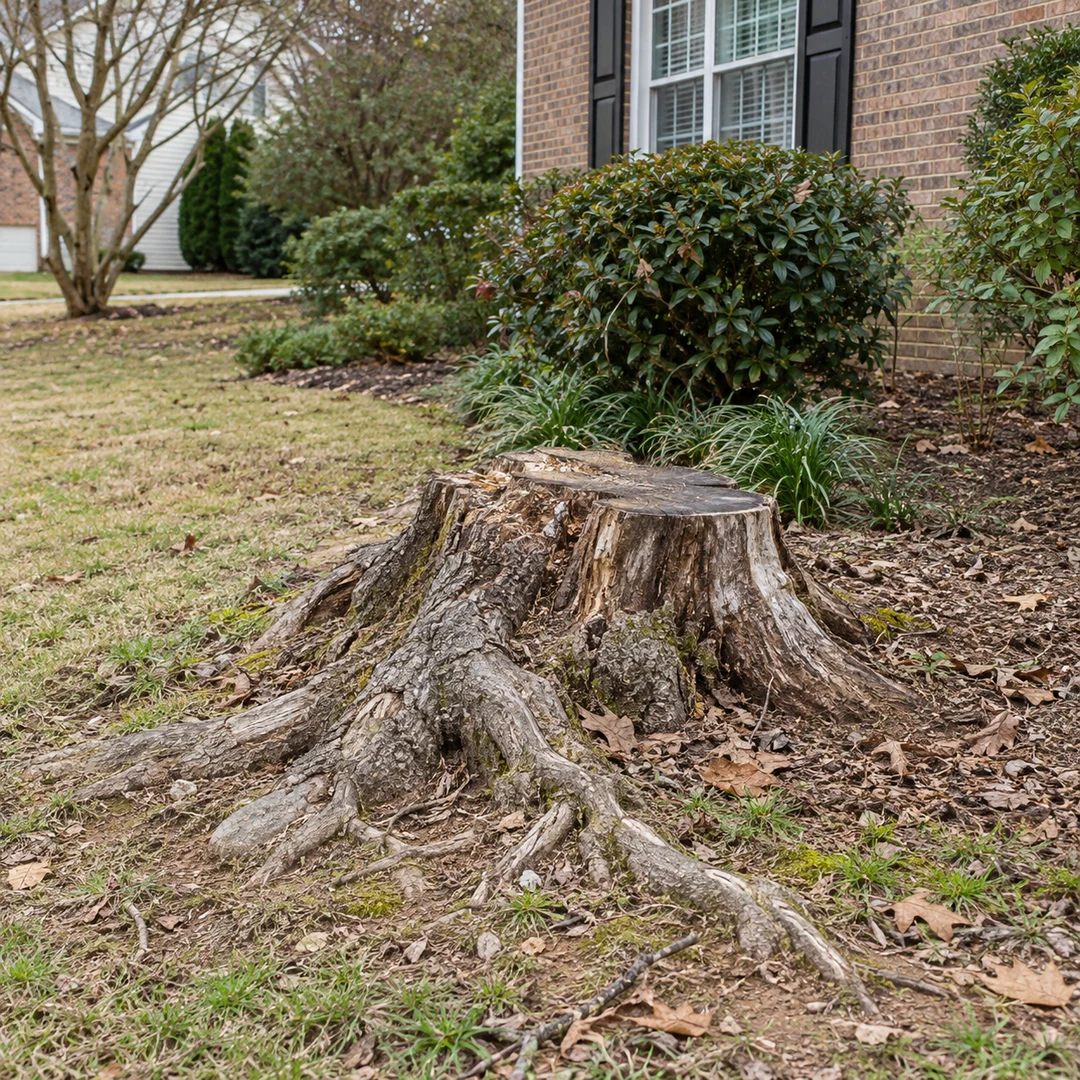 Weathered old stump with exposed natural roots beside a modest residential garden