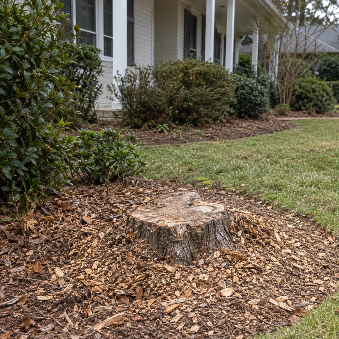 Low stump surrounded by natural wood chips at the edge of an ordinary residential lawn
