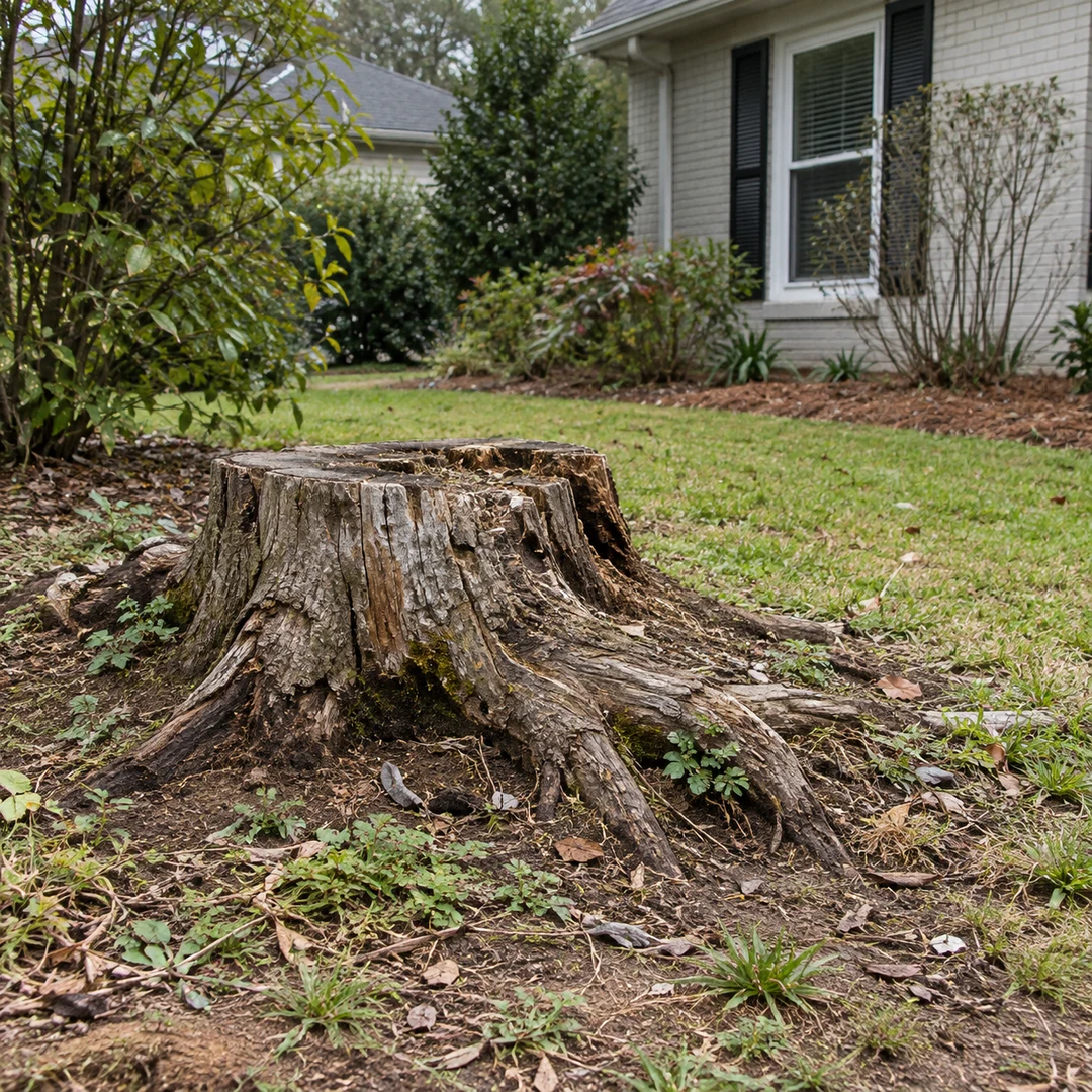Weathered old stump with exposed natural roots beside a modest residential garden