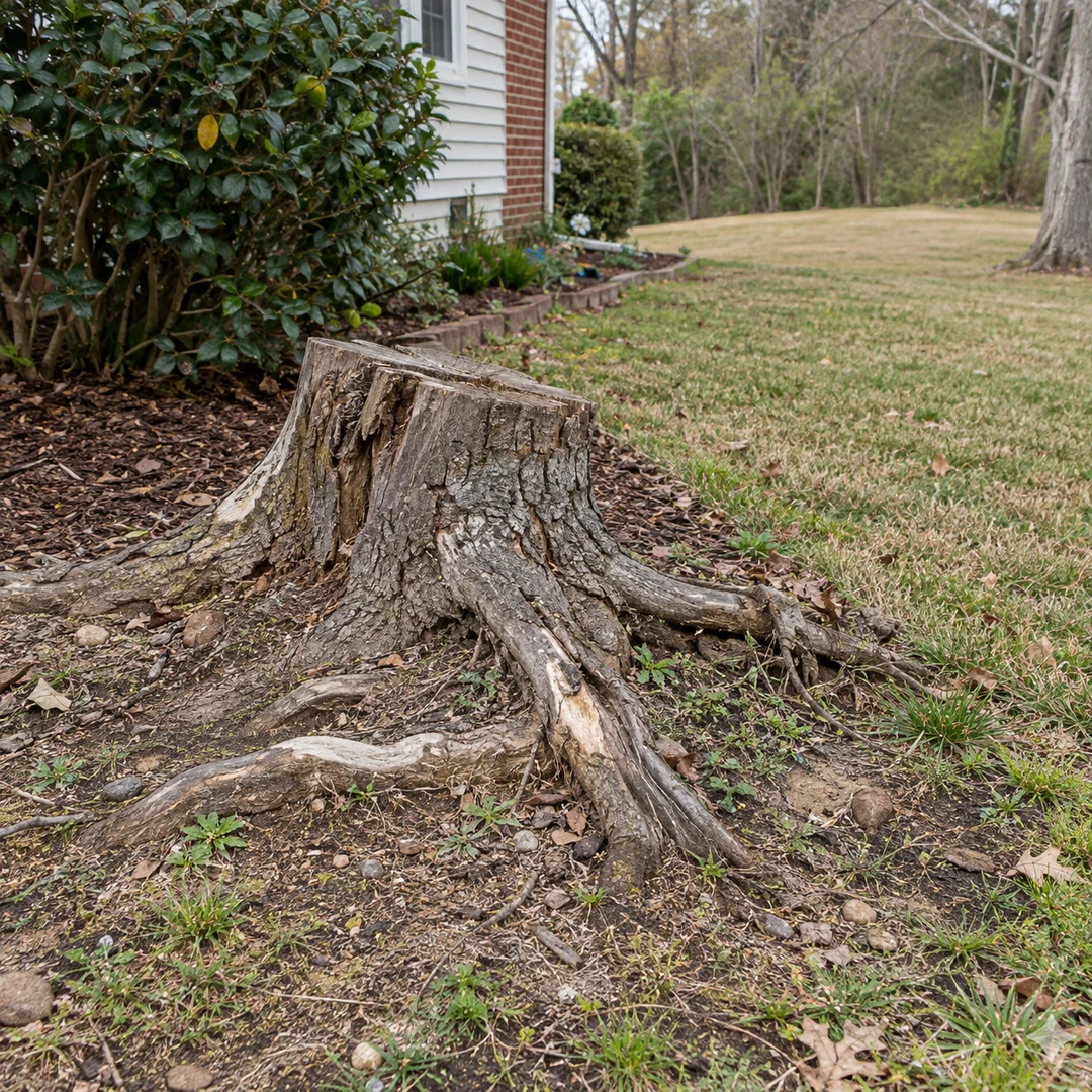 Weathered old stump with exposed natural roots beside a modest residential garden