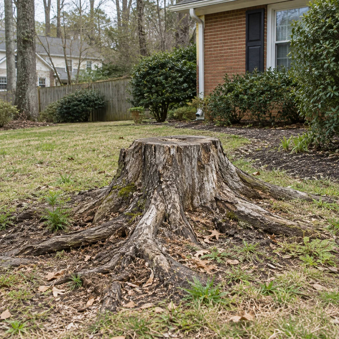 Weathered old stump with exposed natural roots beside a modest residential garden