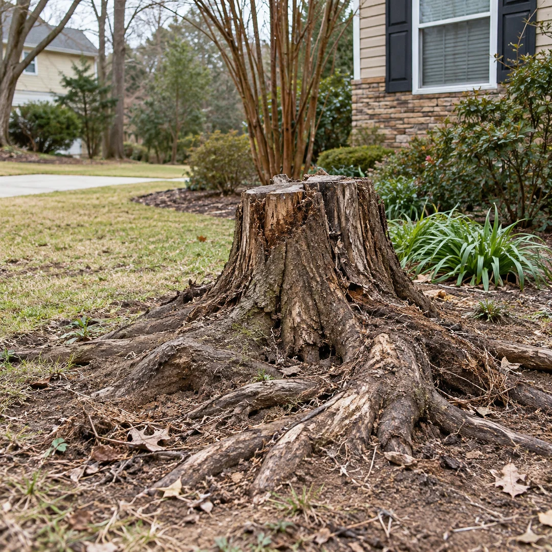 Weathered old stump with exposed natural roots beside a modest residential garden